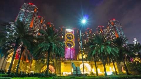 night light macau famous hotel front entrance panorama 4k time lapse china