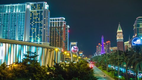 macau famous hotel casino taipa traffic street night panorama 4k time lapse china