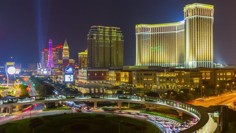 night light macau taipa hotel casino island traffic circle panorama 4k time lapse china