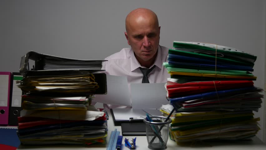Irritated Businessman Work in Archive Room Check Payments and Invoices Documents.  Royalty-Free Stock Footage #24118666