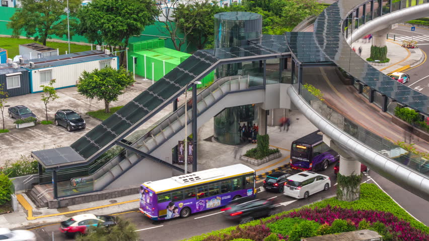 day light macau city traffic street walking bridge sidewalk panorama 4k time lapse china