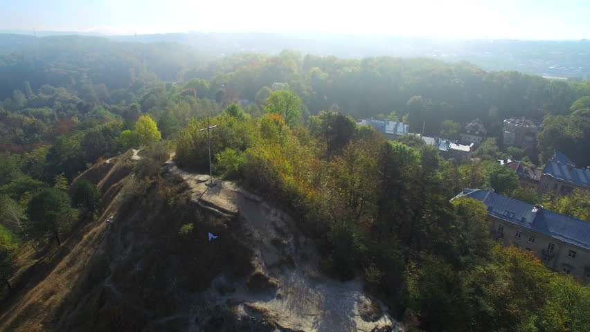 At the top of the mountain Christian cross. Ukraine, Lviv.