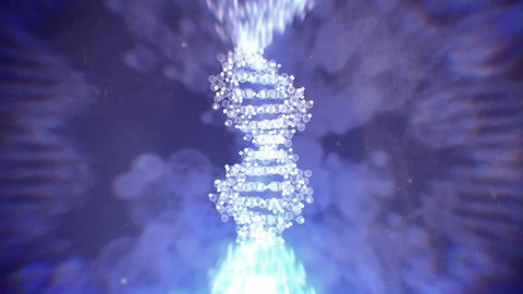 3d rendering of Digital DNA structure rotate in dark blue background with macro lens effect.