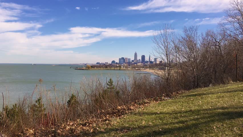 Establishing shot of Cleveland Ohio as seen from Edgewater park