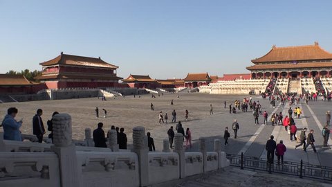 Main square of Forbidden city Beijing capital of China. Emperor palace. Old Asian culture. Beautiful summer day, Blue sky. People walk. Cinematic 4K.