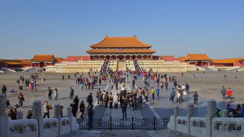 Main square of Forbidden city Beijing capital of China. Emperor palace. Timelapse with moving tourists. Old Asian culture. Beautiful summer day, Blue sky. Cinematic 4K.
