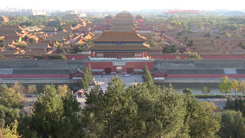 Forbidden city Beijing capital of China. Emperor palace. Old Asian culture. Beautiful summer day, Blue sky. Cinematic 4K.