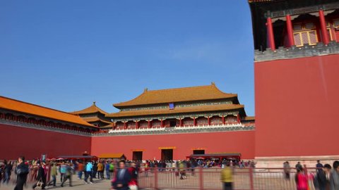 Hyperlapse red wall. Forbidden city Beijing capital of China. Emperor palace. Old Asian culture. Beautiful summer day, Blue sky. Cinematic 4K.