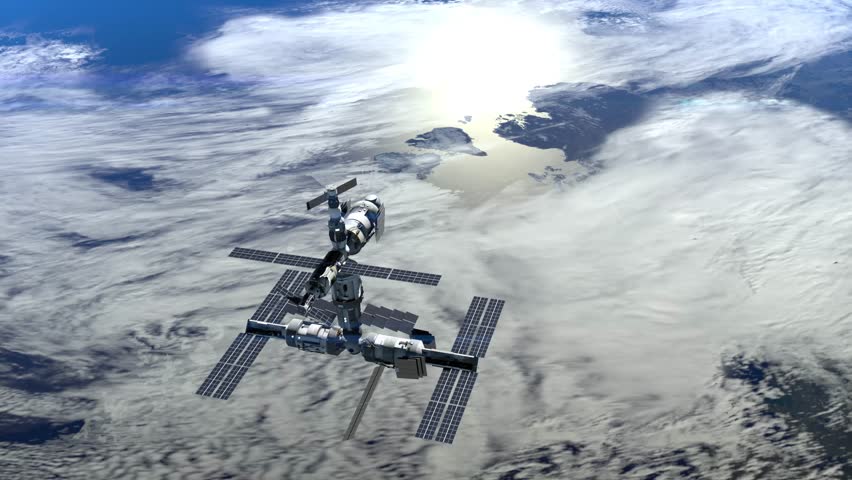 Flight Of The Space Station Above The Earth. International space station is orbiting the Earth. ISS. 4K.