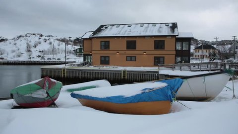 QUIDI VIDI, NEWFOUNDLAND AND LABRADOR, CANADA - FEBRUARY 18, 2017.  Fishing boats on a slipway during the winter months.