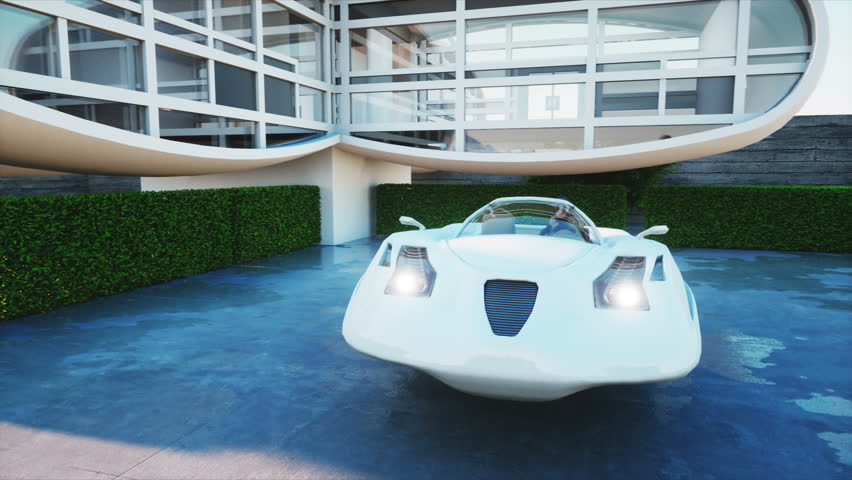 House of future. Futuristic flying car with woman. Super realistic 4K animation.