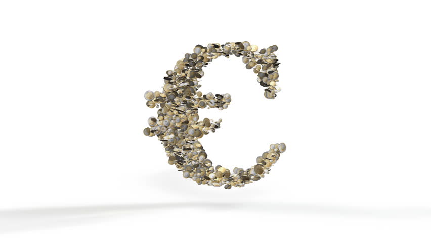 Euro made of coins exploding against white