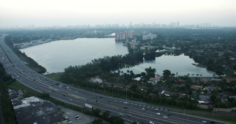 Aerial View of I-95 Express Toll Road Lakes Miami Florida