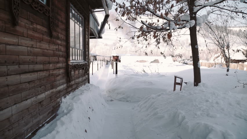 Wooden traditional house in winter village