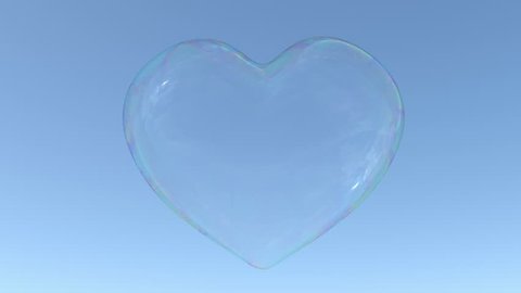 Soap bubble in the shape of heart floats in the air, stops in the middle of screen and continues its flight up. Loop ready animation of soap bubble.