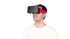 Surprised young man using a virtual glasses