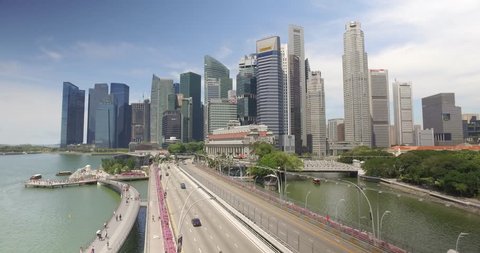 Drone elevating shot of Singapore City Skyline, opening establishing shot - Singapore