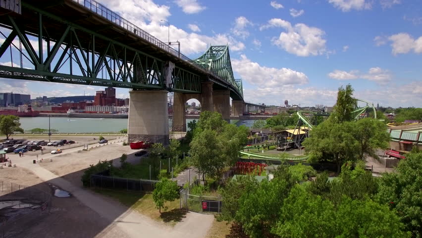 Montreal aerial view, Jacques Cartier bridge over the Saint Lawrence river in Quebec, Canada.