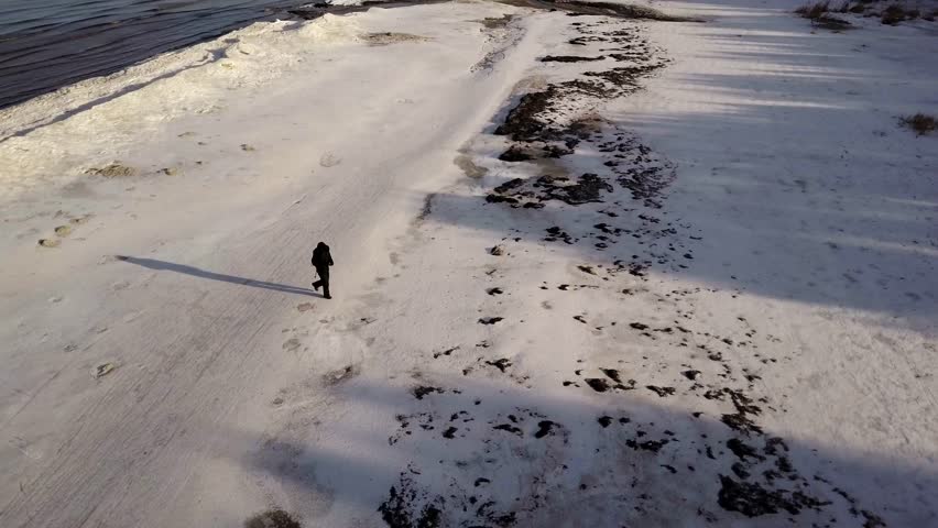 Aerial rotating flight around man walking along the coastline on the way to the forest. Sunny winter day. Drone footage.