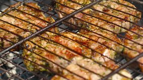 Meat is fried on coals. Close-up shot with panning. UltraHD 4k footage
