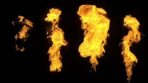 A set of 4 isolated fire flames, slow motion gas ignition from bottom to top, high speed flamethrower isolated on black background with alpha channel, perfect for digital composition, video mapping.