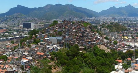 Aerial overhead view of favela on the hill, Rio de Janeiro, Brazil