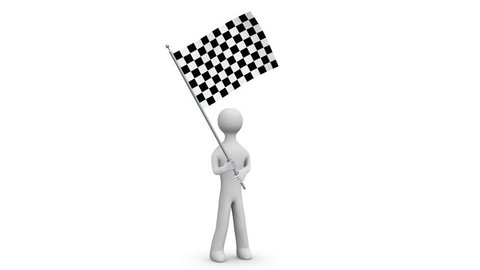 Waving flag. 3d Man holding and waving a checkered flag. Loop. Alpha channel.