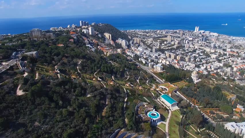 Haifa, Israel - Aerial footage of the Bahai gardens and the city