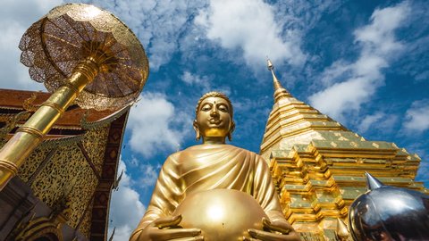 Time lapse view of historic landmark Wat Phra That Doi Suthep Buddhist temple in Chiang Mai, Thailand.