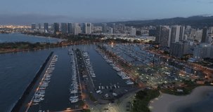 Aerial tour video Ala Wai boat harbor Waikiki Beach Hawaii