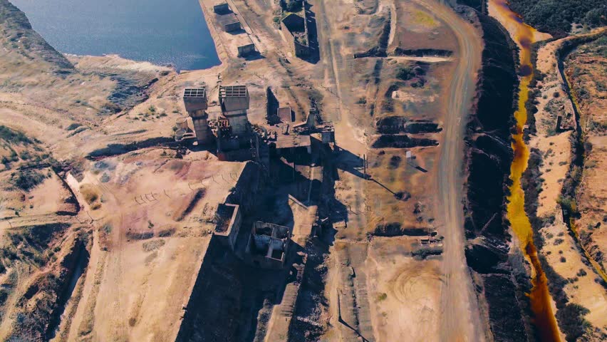 Abandoned Old Copper Extraction Sao Domingos Mine, Portugal, aerial view