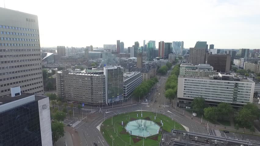 Rotterdam City Center; with Hofplein, the Coolsingel Hilton Hotel and City Hall. Shot on a summer morning.