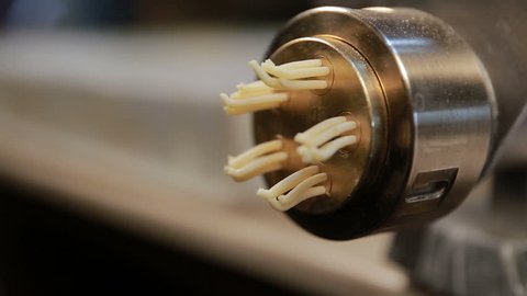 Production of spaghetti - machine produce pasta - ready for drying