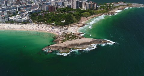 Aerial view of Arpoador peninsula against Copacabana and Ipanema Beach , Rio de Janeiro, Brazil