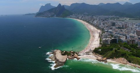 Aerial view of Arpoador peninsula against Ipanema Beach full of people , Rio de Janeiro, Brazil