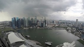Dramatic cityscape in timelapse. with ominous gray clouds over highrise buildings. from atop Marina Bay Sands Resort in Singapore.