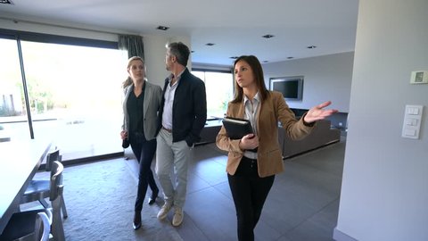 Real-estate agent presenting home to couple of clients