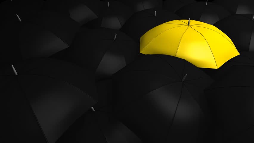 Conceptual animation, Crowd with umbrella with 1 unique color.