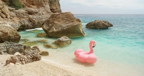 Inflatable PINK flamingo floating alone in tropical water on white sandy beach looking out at horizon travel vacation concept: stockvideo