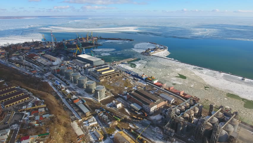 Sea Coast Fuel Oil Terminal and Grain Terminal. Tankers are on the load. Winter time. Aerial view