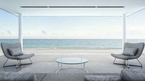 Living room in beach house, Modern luxury interior with sea view - 3D rendering