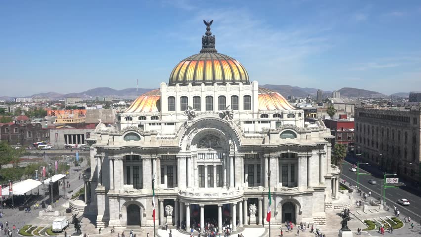 Aerial view, timelapse of the beautiful Fine Arts Palace (Palacio de Bellas Artes) of Mexico City, Mexico