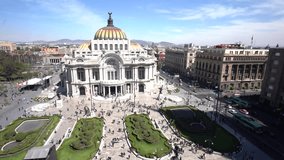 Aerial view with pan movement of the beautiful Fine Arts Palace (Palacio de Bellas Artes) of Mexico City, Mexico