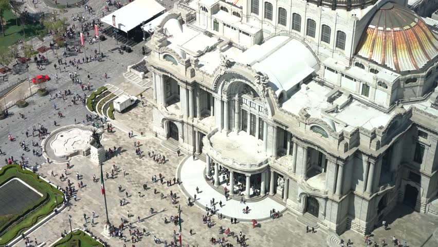 Aerial view with pan movement of the beautiful Fine Arts Palace (Palacio de Bellas Artes) of Mexico City, Mexico
