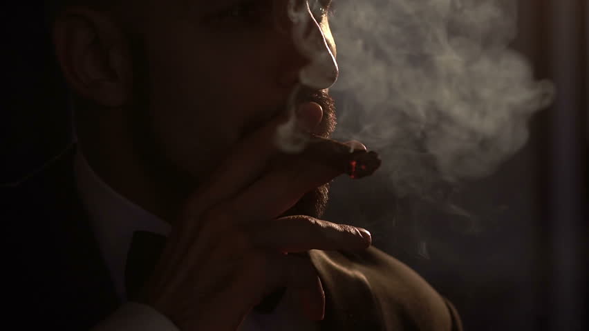 Silhouette of bearded Caucasian man who smoking a cigar, slow motion. | Shutterstock HD Video #24248501