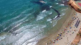 Spain, the Mediterranean coast of the Costa Blanca, Valencia, sandy beaches of La Zenia, the video captured from the air with drone