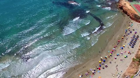 Spain, the Mediterranean coast of the Costa Blanca, Valencia, sandy beaches of La Zenia, the video captured from the air with drone