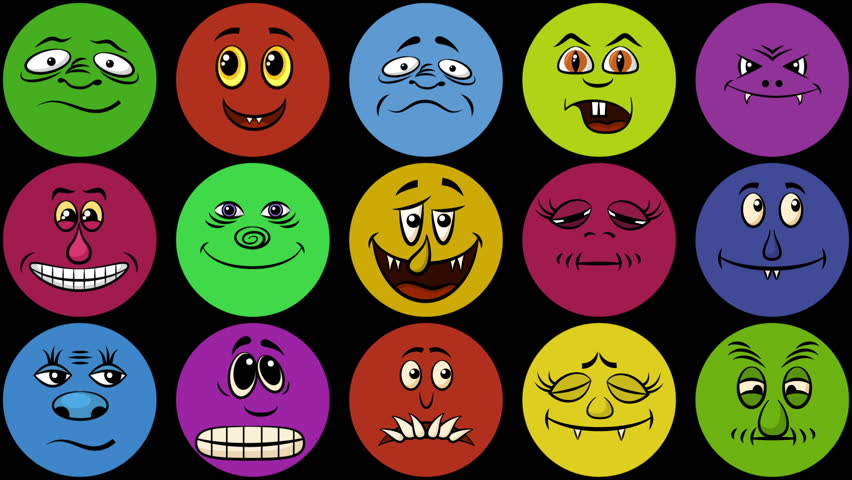 Fullhd 1920x1080 Progressive Seamlessly Looping Video of Monster Smileys or Avatars in Colorful Circles, Funny Cartoon Characters, Changing Faces. Animated Elements for Design. Alpha Matte Included