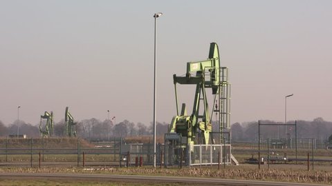 Pumpjacks in the crude oil field Emlichheim. EMLICHHEIM, GERMANY- FEBRUARY 2017