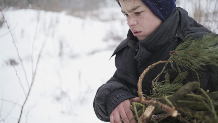 Boy carrying branches for bonfire